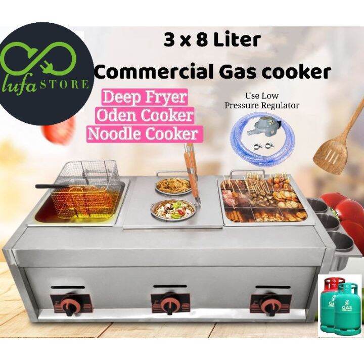 3 x 8 Liters Triple Commercial Gas Deep Fryer Oden Noodle Combo Western Fast Food Cooking Stove