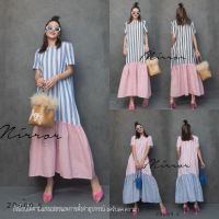 (นางแบบใส่ชุดขาย) v2 Cozy Stripe Maxi dreSS แม็กซี่เดรส เดรสสไตล์เกาหลี เดรสลายริ้ว ชายระบาย สีทูโทน ชิคๆ ผ้าคอตตอนผสมลินินใส่สบาย เดรสยาว ทรงปล่อยชายระบาย มีกระเป๋าล้วง **งดรับลค.ดราม่า