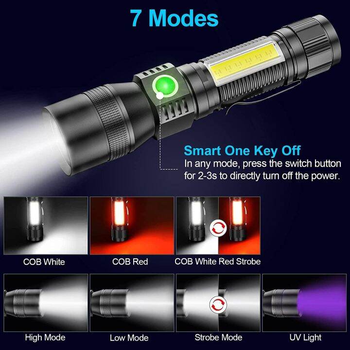 【7 Modes Light】UV Flashlight Zoomable Torch light ultra Bright Black