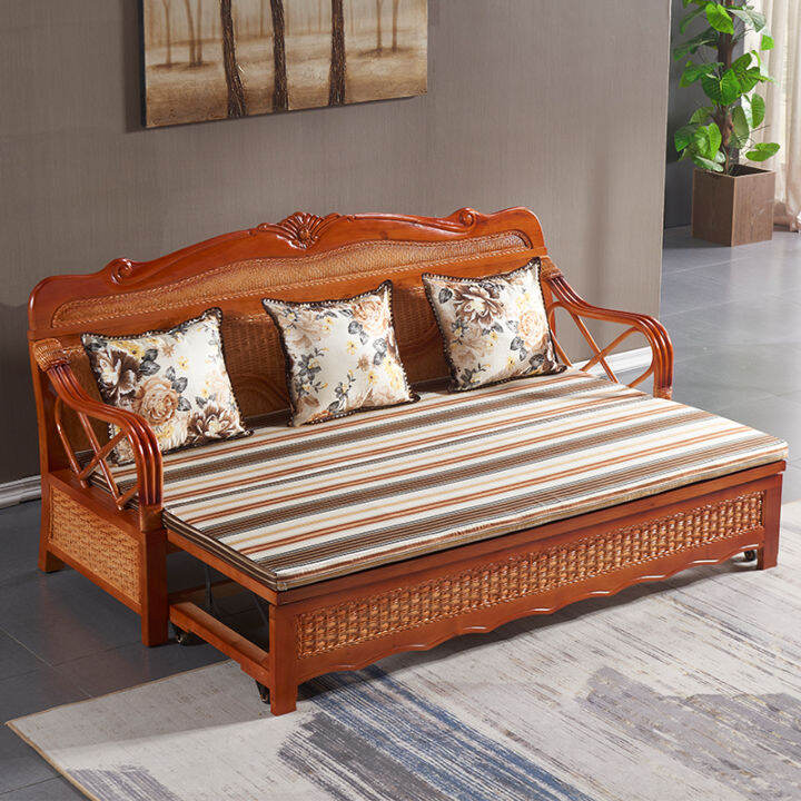 Real Rattan Sofa Bed Solid Wood Rattan Furniture Foldable DualUse