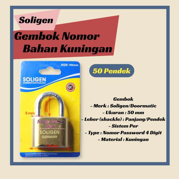Gembok Nomor Password Soligen 50 mm Pendek (Combination Padlock) MURAH ...
