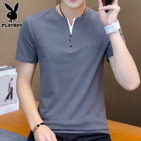 PLAYBOY เสื้อยืดแขนสั้นผู้ชายเสื้อยืดคอวีผ้าฝ้ายแท้สำหรับฤดูร้อนแบบใหม่เสื้อแขนห้าส่วนแบบลำลองแบรนด์ยอดนิยมสำหรับผู้ชาย T