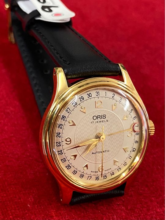 oris-17-jewels-automatic-ตัวเรือนทองชุบ-สี่เข็ม-เข็มชี้วันที่ก้ามปู-นาฬิกาผู้ชาย-นาฬิกาวินเทจมือสองของแท้