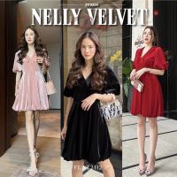 FLAT2112 FF0254 : NELLY VELVET DRESS ชุดเดรสสั้น ชุดกำมะหยี่ เรียบหรู สีดำ ชุดบอลลูน แขนตุ๊กตา สีพื้น ออกงาน