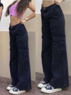 New Cargo jeans กางเกงยีนส์ขากระบอกใหญ่คาร์ลโก้ สีดำฟอก s m l xl 2x 3x เอวสูงประมาณสะดือผ้าไม่ยืด ผ้าหนากำลังดีทรงสวยแมทได้ทุกลุคเลยคร่า