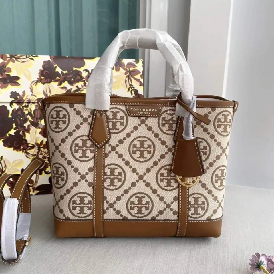 Tory Burch Perry T Monogram Small Triple Compartment Tote