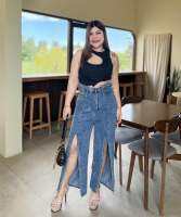 ? JEANS DENIM PLUS-SIZE กางเกงยีนส์เอวสูงขาผ่าหน้าแหวกสูงแฟชั่น ยีนส์สีสโนว์ฟอกผ้าไม่ยืด ไซล์เอว34-44นิ้ว