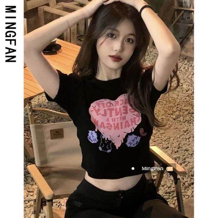พร้อมส่ง-เสื้อครอปผู้หญิงมินิมอล-เสื้อเอวลอย-พิมพ์ลาย