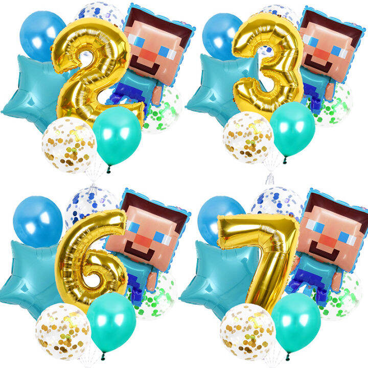 Minecraft Raft Arrangement Number Balloon Set My World Birthday Party Decoration Table with