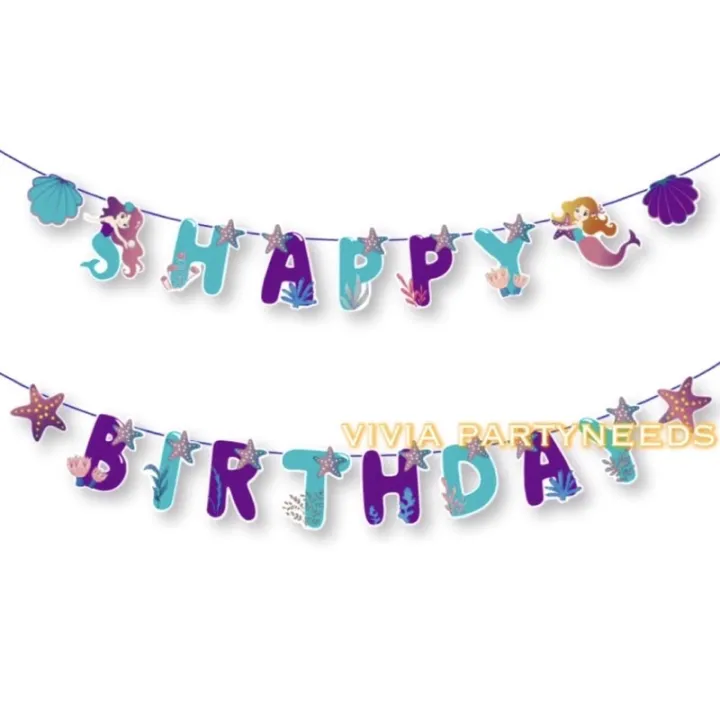 5m Mermaid Happy Birthday Banner Seashell Star Fish Purple Letter ...