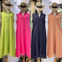 Dress linen ชุดเดรสปกเชิ้ตแขนกุด เดรสเชิ้ตลินินตัวยาว