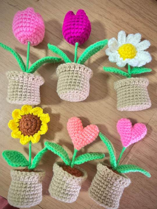 กระถางดอกไม้โครเชต์-ดอกไม้ถักโครเชต์เย็บติดทั้งดอก-ไม่ใช้กาวติด-crochet-mini-flower