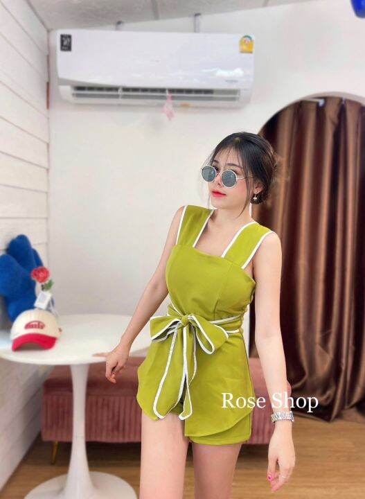 clo-rose-shop-ชุดเซ็ตงานป้าย-เสื้อสายเดี่ยวเสริมฟองน้ำผ่าหน้ามีสายผูกเอว-กางเกงขาสั้นผ้าเทพเนื้อดีมาก