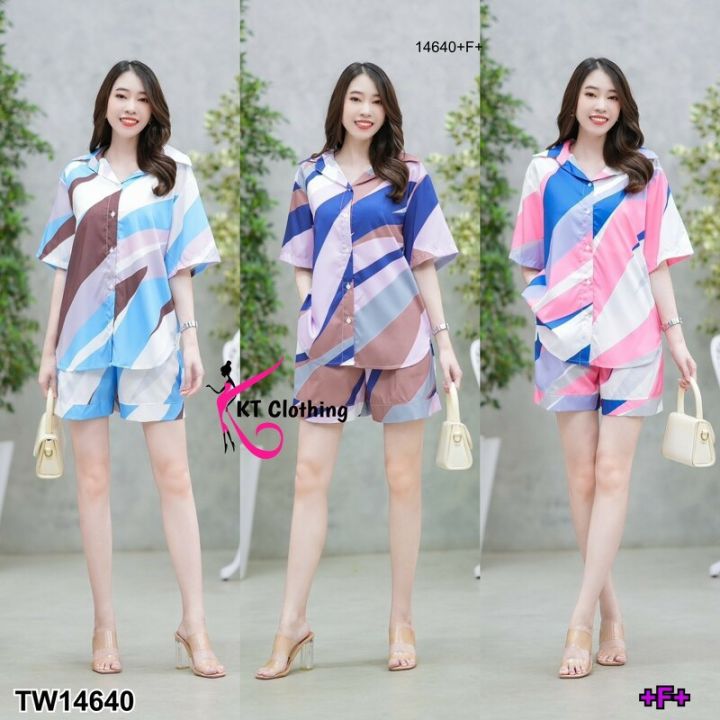 14640-set-เสื้อเชิ้ตแขนสั้น-กางเกงขาสั้น-ลายกราฟฟิก