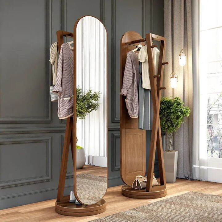 Solid Wood Dressing Mirror Bedroom Coat Rack Movable Hanger Household Fitting Mirror FloorType