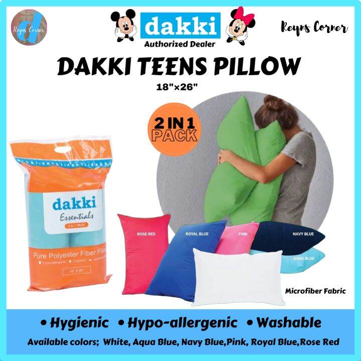 Dakki Essentials 2 in 1 Teens Pillow 18"x26" Solid Color 2pcs per Pack