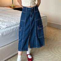 POCKETWOOD - Jamille High Waist Cargo Skirt กระโปรงยีนส์ยาวคาร์โก้ กระดุมปั๊มโลโก้ POCKETWOOD