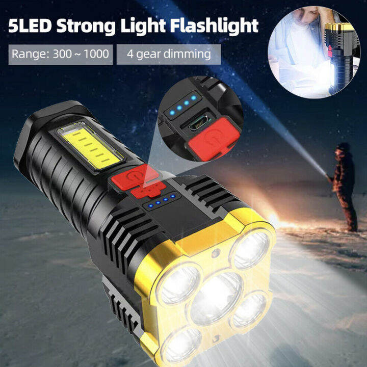 Strong Light Long-range Flashlight Five-core USB Charge IPx4 Side Light ...