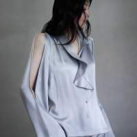 A.C. Apparel - Exclivé | Bleu Indigo Top (Silk Satin Blouse) เสื้อซิลค์ซาตินแขนยาวปกระบาย ดีเทลผ่าแขน