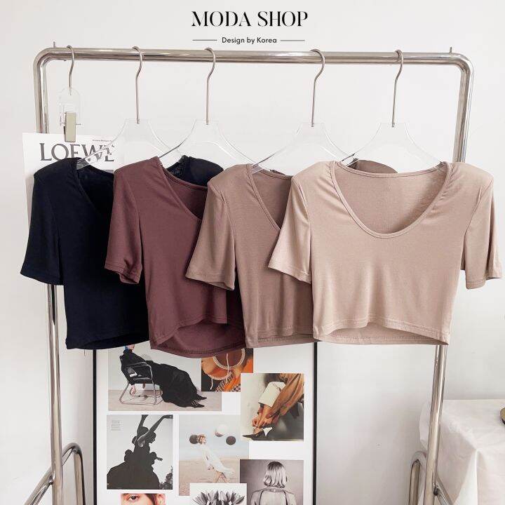 moda-shop-เสื้อยืดคอกลมทรงครอปแฟชั่นผู้หญิงตัวสั้นเสริมฟองน้ำที่บ่า