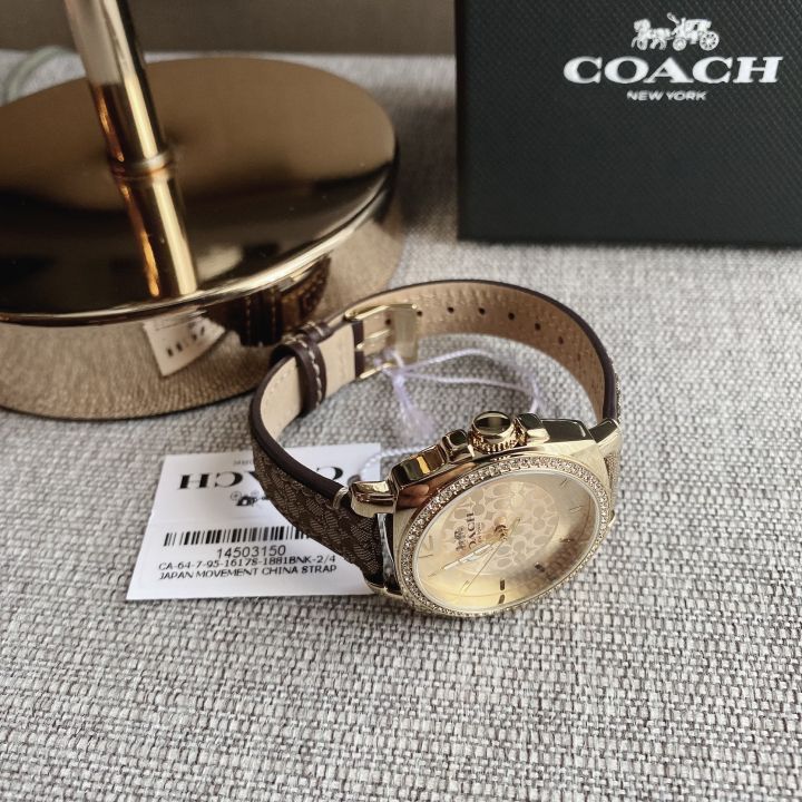 ของแท้100-นาฬิกาข้อมือสายหนังสีน้ำตาล-coach-14503150-boyfriend-gold