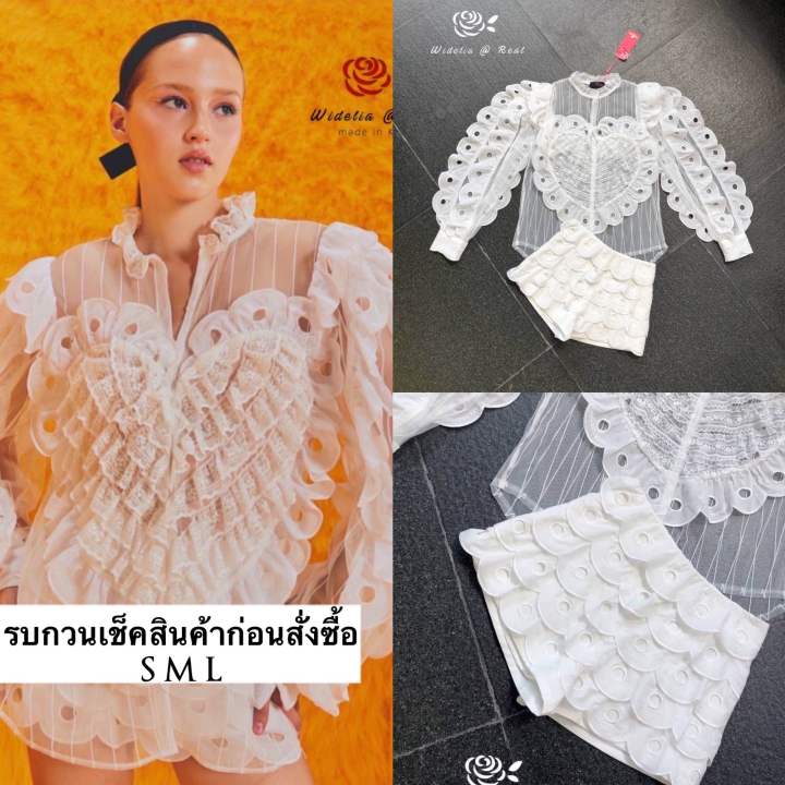 set-เสื้อแขนยาวตัวสวยลุคเก๋มากแม่-ด้วยดีเทลเป็นระบายสวยตามแนวแขน-ช่วงอกสวยด้วยกิมมิคหัวใจดวงโตพร้อมแต่งแถบลูกไม้สวย