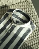 navy-white striped linen band collar long sleeve shirt