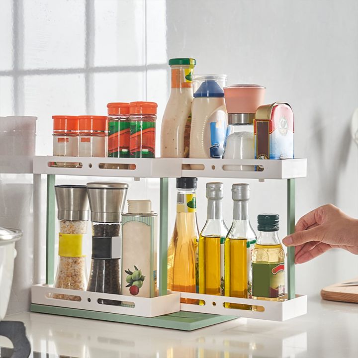 Multifunctional Rotating Kitchen Cabinet Spice Rack Single/Double Layer  Plastic Slide Cupboard Organizer Tray for Seasoning Herb