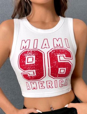 พร้อมส่งด่วนจากไทย ป้าย SHEIN เสื้อครอป เสื้อกล้าม สีขาว ลาย กราฟฟิค ตัวอักษร Miami สีแดง