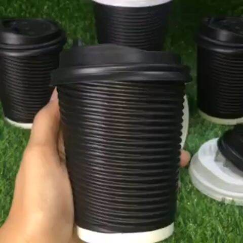 Black Horizontal Paper Cup Rippled Wall Hot Coffee Cups with Flip Lid ...