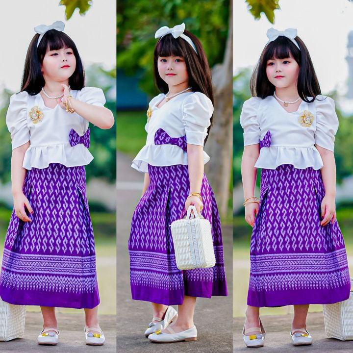 ชุดไทยสีม่วงเด็ก-ชุดผ้าไทย-ชุดไทยเด็กผู้หญิง-ชุดไทยใส่ไปงานบวช-ชุดไทยใส่ไปงานบุญ-ชุดไทยเด็กอนุบาล-ชุดไทยใส่ไปโรงเรียน-ชุดไทยประยุกต์เสื้อแขนพอง-กระโปรงบาน