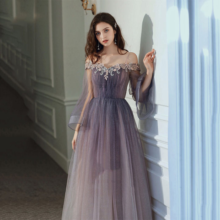 Gradient Purple Host Beads Dress for Toast off-Shoulder Model Catwalk ...