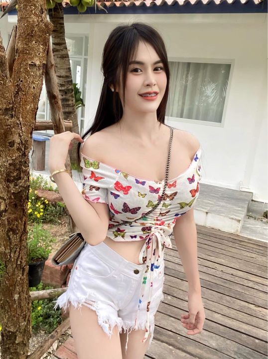 เสื้อยืดรูดหน้าพิมพ์ลายทรงสวยแซกซี่ๆใส่สบายๆอก3-38-ความยาว16-พร้อมส่งจ้า