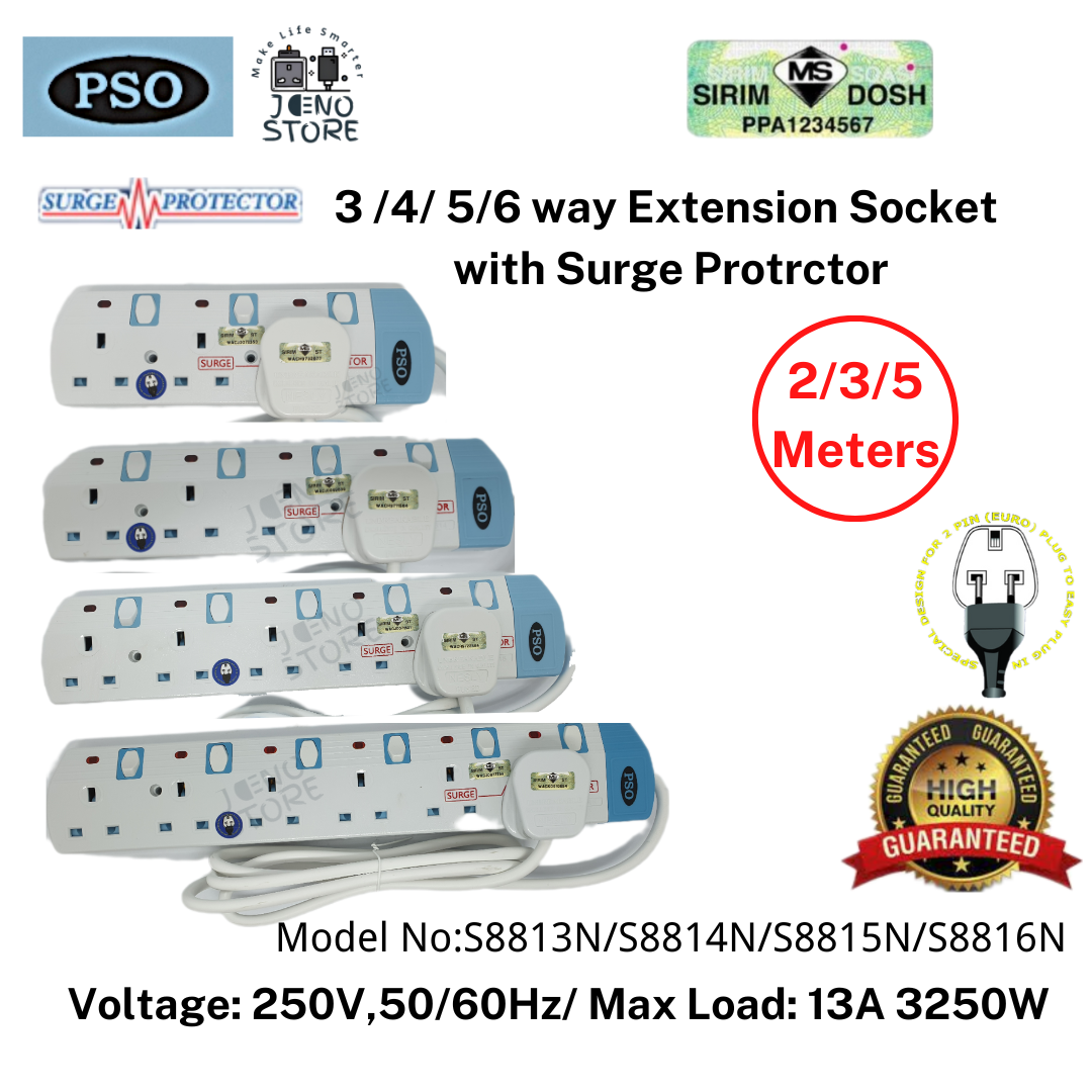 PSO 3/4/5/6 Way Portable Extension Trailing Socket Extension Plug Socket With Surge Protector and SIRIM approval