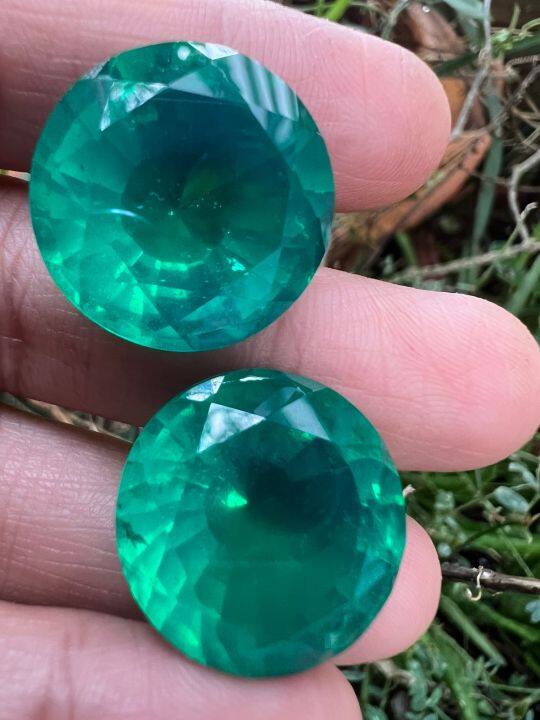 พลอย-columbia-โคลัมเบีย-green-emerald-มรกต-very-fine-lab-made-15x15-มิล-mm-24-กะรัต-2-เม็ด-carats-พลอยสั่งเคราะเนื้อแข็ง