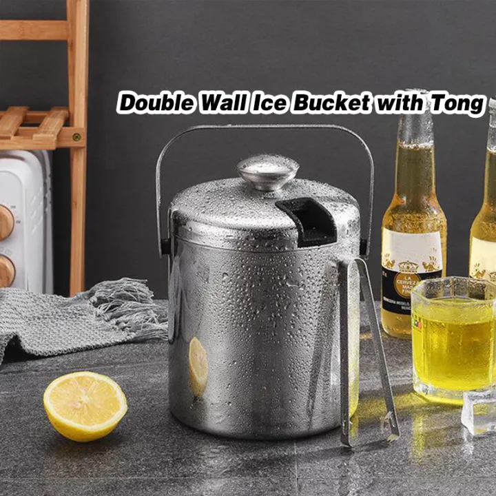 Insulated Ice Bucket Stainless Steel Insulated Double Wall Ice Bucket with Tong and Ice Strainer