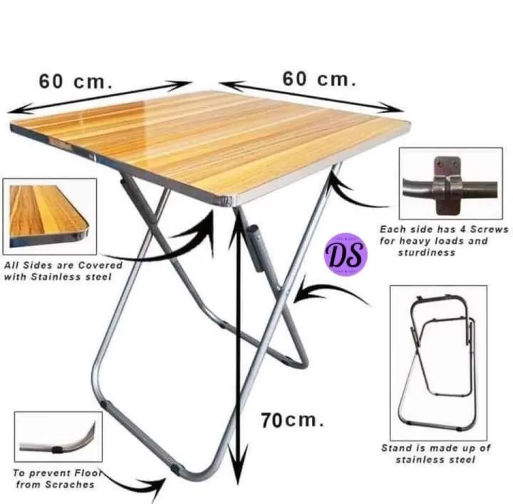 Square Folding Table Wood Grain Top Metal Legs 60x60x70cm main image 0