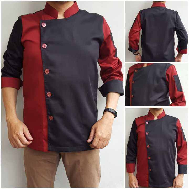 Baju Chef Pria Lengan Panjang Dual Tone Silang Chef Jacket untuk Hotel
