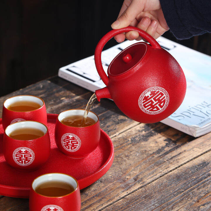 Wedding Tea Cup Tea Set Wedding Gift Box Red Ceramic Teapot Tea Cup
