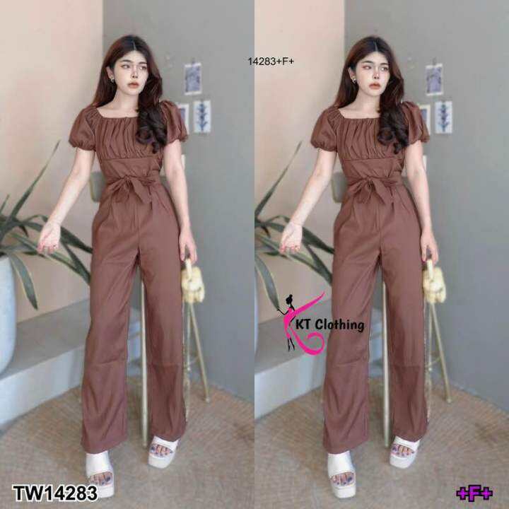 14283-jumpsuit-จั้มสูทขายาวผ้าซาร่า-งานแชนพองใส่ยกไหล่สวย-คอเหลี่ยมกว้างใส่แล้วดูออร่ามากค่ะ่วงอกจับจีบย่นน่ารัก