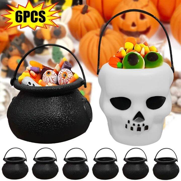 6/1PCS Mini Halloween Candy Bucket Pot Witch Skeleton Cauldron Holder ...