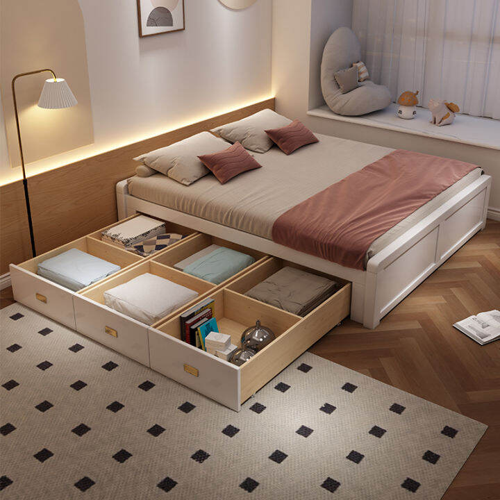 White NonBedside NonBackrest Tatami Solid Wood Bed Pullout Storage