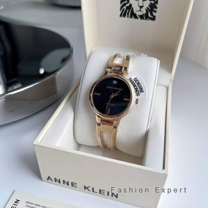 ของแท้100-นาฬิกาข้อมือ-สีทอง-anne-klein-womens-ak-2626rgrg-diamond-accented-dial-gold-tone-open-bangle-watch