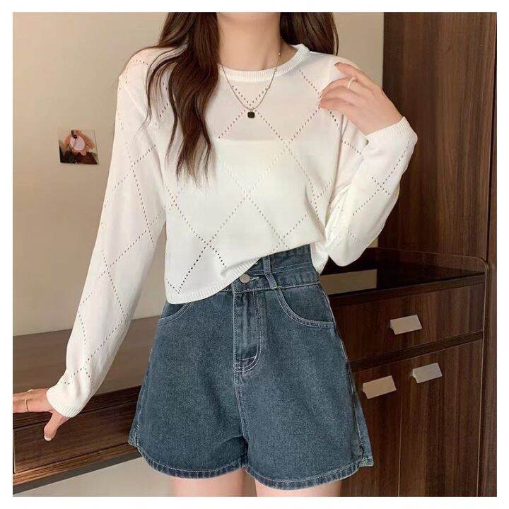 พร้อมส่ง-ใหม่-98102เสื้อยืดแขนยาวกลวงบางสตรีปี-2022-การออกแบบใหม่เสื้อกันหนาว