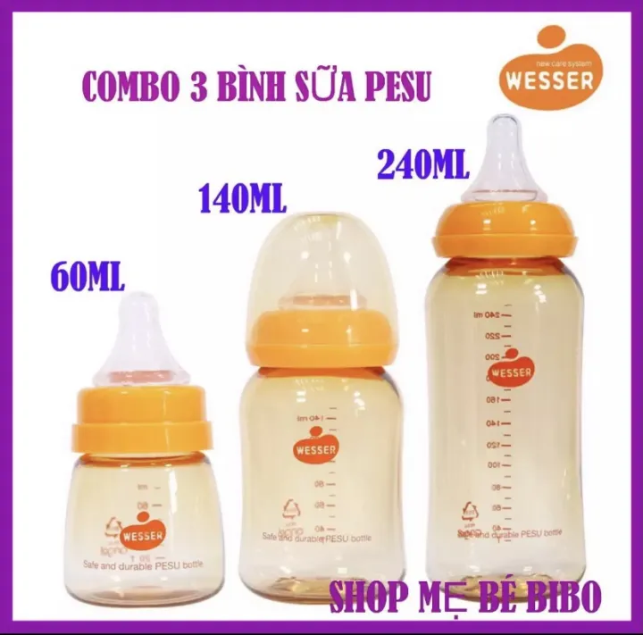 { MẪU MỚI } COMBO 2 BÌNH SỮA WESSER CỔ HẸP CAO CẤP PESU 60ML +140ML + 250ML