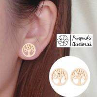 ?? พร้อมส่ง : ? ต่างหูสแตนเลสสไตล์มินิมอลลายต้นไม้ในวงกลม | Tree in Circle Stainless Steel Minimalist Stud Earring.