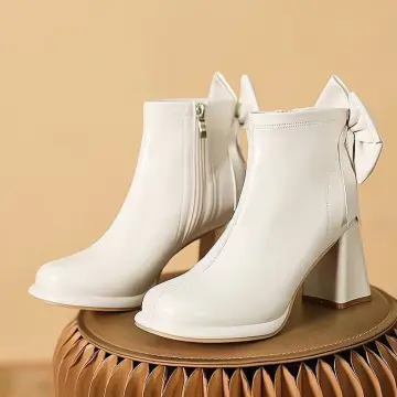 White Lace-up Rounded Toe Chunky Heel Ankle Boots on Luulla