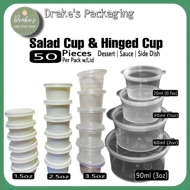 50 Pieces per pack Salad Cups with Cover and Hinged Cup with lid Sauce cup  By DrakesFoodPackaging