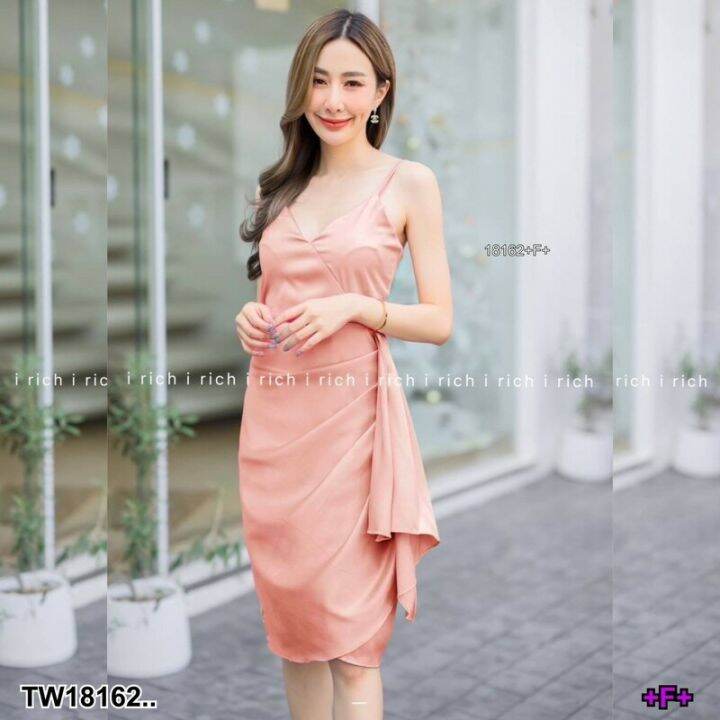 18162-dress-เดรสสายเดี่ยว-แต่งจีบระบายตรงเอว-ผ้าซาร่าเงา-มีซิปหลัง