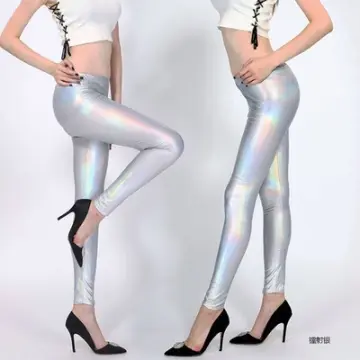 Women Shiny Silver Gold Leggings High-Waisted Faux Leather Stretch